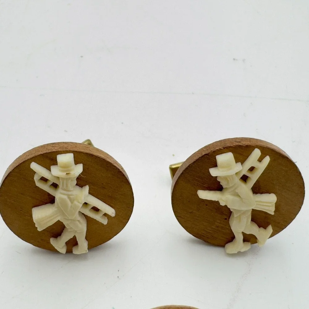 Vintage Cufflinks Tie Bar Set Wood Plastic Chimney Sweep Man Roof Ladder
